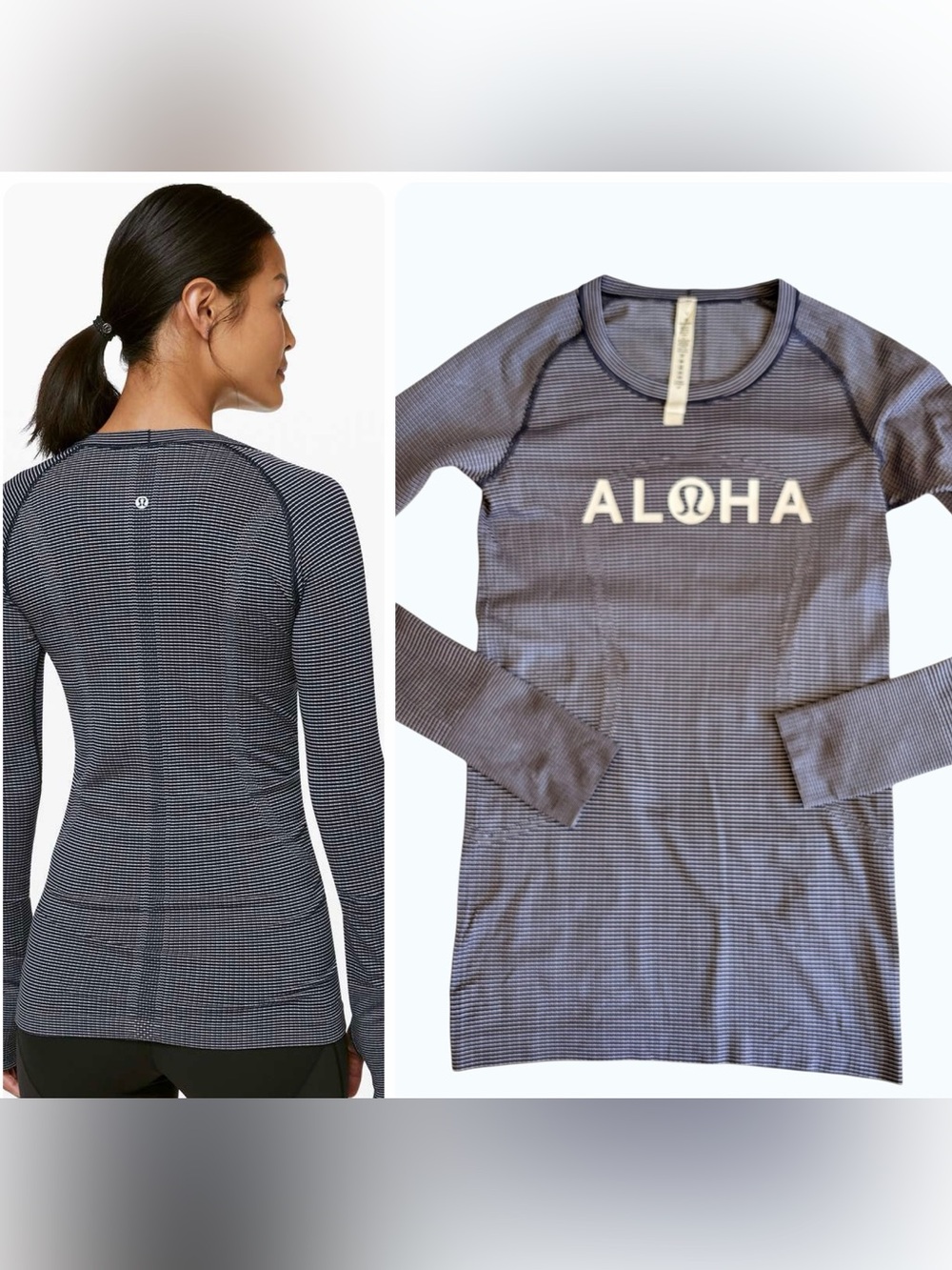 Lululemon Swiftly Tech Long Sleeve shirt ALOHA Navy white pinstripe pattern sz 6